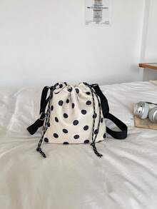 1 pieza Bolso cubo de nailon de unicolor con cordón y patrón de lunares, bolso bandolera de moda para mujer - Beis - Ver 7