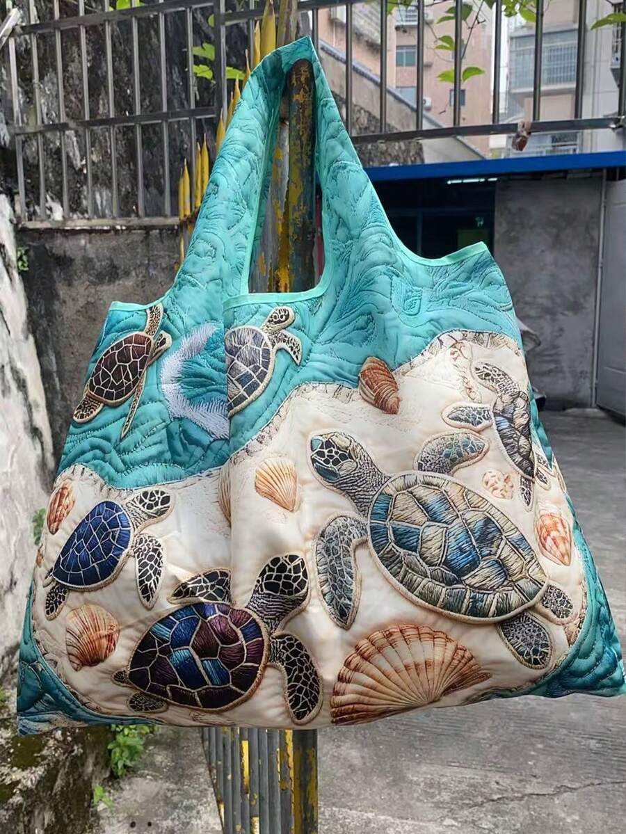 1件裝 2D效果海龜與海星圖案沙灘購物袋，度假挖沙工具袋，大容量可折疊，春夏款野餐工具袋，可折疊便攜大容量托特包，適合購物、辦公、旅行、派對、收納與整理，適合女性，美感設計
