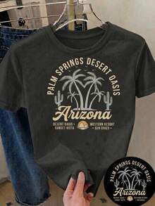 Nueva camiseta de cuello redondo para mujer, manga corta, holgada, casual y versátil con ‌motivo de California‌, tejido suave y de buena caída - Negro 2 - Ver 3