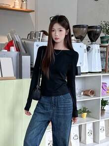Women's Summer Lace Trim 2 In 1 Slim Fit Inner Layer Base Tee Black Casual - Black - View 4