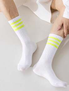 1/6 Pairs Striped Contrast Color Mid-Calf Socks, Casual Minimalist Collegiate Style Sports Mid-Calf Socks, Unisex, Comfortable And Breathable, Suitable For Home Or Sports - Multicolor - View 4