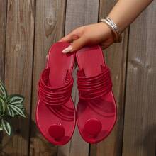 Women's Multi-Strap Decorated Round Toe Thong Element Solid Color Smooth Pattern Square Toe Slip-On Flat Slide Sandals, Luxury Style, Summer Daily, Red PU Material - Red - View 3