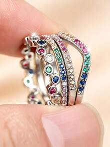 4 Stücke modisches Damen-Ringset mit Regenbogen-Zirkonia-Einlagen – perfekt für tägliches Layering und Styling - Silber + Farbe - Übersicht 9
