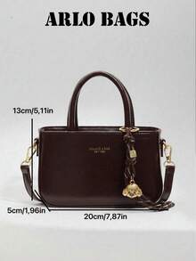 Women's Solid Handbag, Gold Letter Print Front With Braided Rope Dog Ornament Accessory, Lightweight Carry Bag For Cafe Shopping Weekend Strolls - Brown - View 2