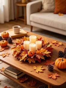 51pcs/Set Halloween/Autumn Maple Leaf Candle Ring Decoration. Artificial Maple Leaf Set, Candle Wreath, Autumn Tabletop Decor, Halloween And Thanksgiving Centerpiece, Harvest Festival Party Styling, DIY Autumn Wedding Tabletop Decoration. - A - View 2
