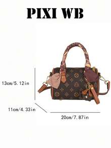Letter Print Mini Boston Handbag, Cowhide Trim With Scarf Wrapped Handle, Pink Bow, Suitable For Daily Commute And Dating Outings - Brown - View 2