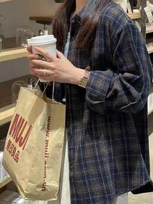 Women's New & Best-Selling Spring Casual Retro Plaid Button-Down Shirt With Long Sleeves (Can Be Worn As An Outer Layer) - Navy Blue - View 3
