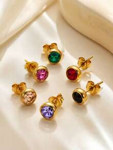 VceTd 1 Pair Mini Cute Style Colorful Glass Decorated Round Ball Stainless Steel Stud Earrings For Women, Suitable For Daily Wear - Yellow Gold - View 5