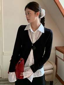 Korean Style Fashion 2 In 1 Black Shirt Collar Design Long Sleeve Top, Preppy Layered Versatile T-Shirt - Black - View 6