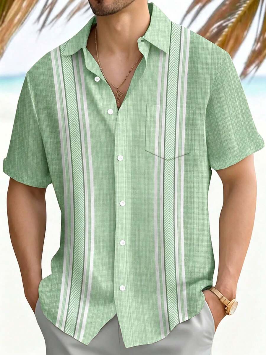 Vintage Geometric Bowling Colorblock Print Men's Lightweight Loose Button-Up Pocket Short Sleeve Shirt - Green - View 1
