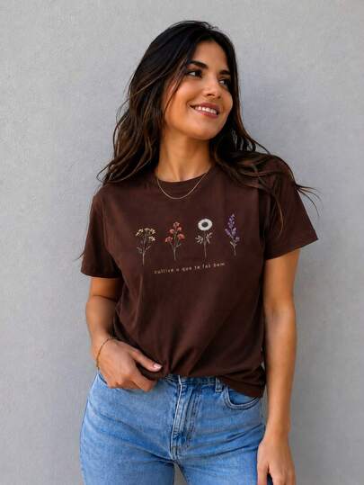 Camiseta Feminina Estampada  Flor  Moda Verão Confortável 100% Algodão Premium Manga Curta Básica