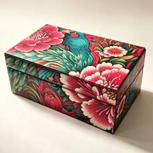 Set Of 2 Large Capacity Chinese Style Printed Glass Jewelry Box, Black Velvet Lined Rectangular Vintage Decorative Accessory Storage Organizer For Bedroom Vanity Wedding Holiday Gift - Royal Peacock & Peony Brocade - View 12