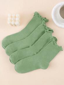 4 Pairs Unisex Mid-Calf Socks, Ruffle Cuff, Striped & Solid Color, Lightweight & Breathable, Versatile For Spring/Summer - Green - View 1