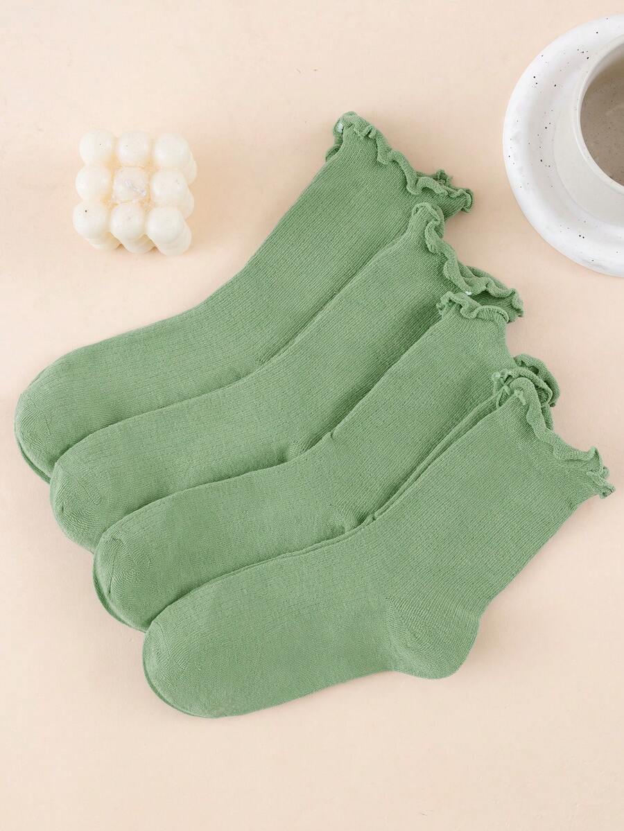 4 Pairs Unisex Mid-Calf Socks, Ruffle Cuff, Striped & Solid Color, Lightweight & Breathable, Versatile For Spring/Summer - Green - View 1