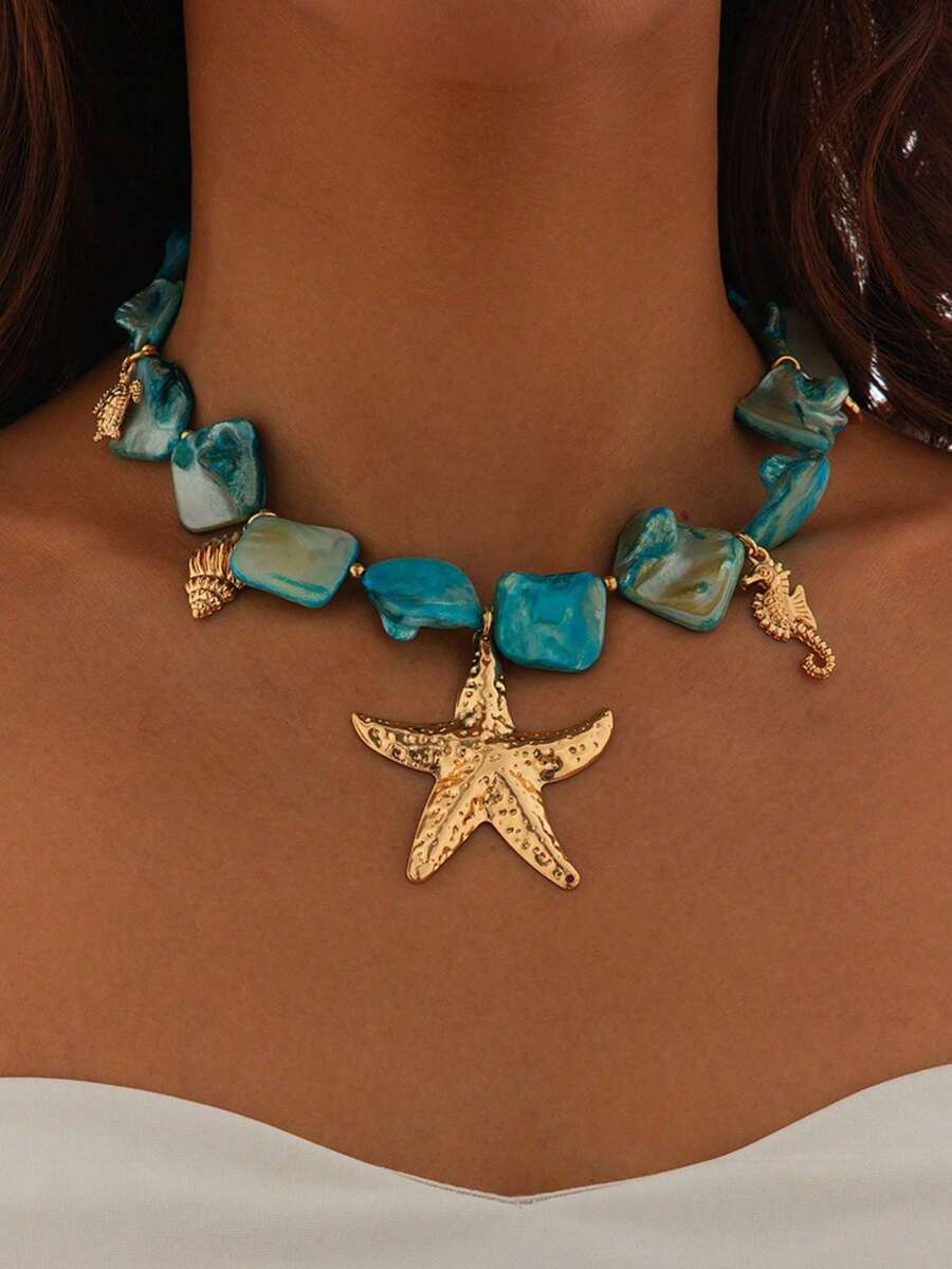 1pc Bohemian Style Ocean Vacation Gold Starfish Shell Multi-Pendant Women's Necklace, Suitable For Women's Beach Vacation, Party, Casual Wear, Multi-Functional Women's Jewelry - Durable All-Year Gift, Necklace Charm, Ocean Theme Jewelry, Stable Color Beads, Holiday Gift - Multicolor - View 1