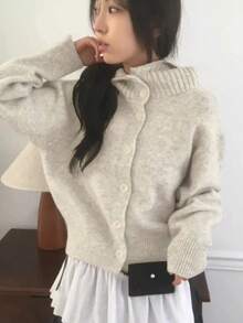 Women's Solid Color Long Sleeve Casual Button-Up Hooded Cardigan - Apricot - View 5