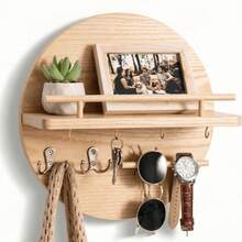 Wall-Mounted Key Rack With Shelf And Hooks, Mail Organizer, Round Design Entryway Key Holder, Rustic Style Home Decor - 1 Pack - View 1