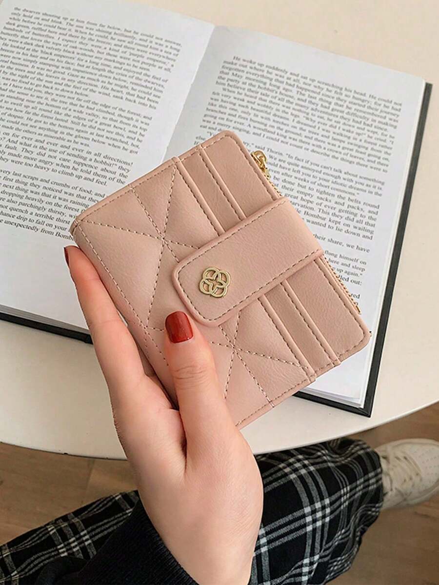 女款鑽石壓紋刺繡雙折錢包 - 粉色 - 查看 1