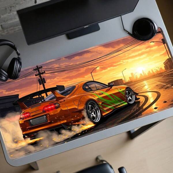 Extra-Large Gaming Mouse Pad Featuring An Anime-Style Orange Drift Sports Car; Suitable For Gaming, Studying, And Office Use. A Durable, Easy-To-Clean Desk Accessory And An Ideal Gift For Friends; Available In Multiple Sizes.