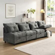 [Cloud Modular Sofa] 4-Seater Modular Separable Sofa Set: Freely Combinable + Storage Space Under All Seat Cushions + Sleeping Function + Chenille Cover, Free Room Design With Living Room Sofa Bed Combination - Antique Gray - View 4