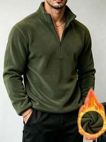 Mercer Haus Men's Solid Color Half-Zip Fleece Jacket, Loose Fit Warm Top For Autumn/Winter - Army Green - View 3