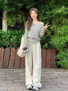 YCYC Long Sleeve Cropped Milk-Tone Unique Chic Sweater & Knit Top 2 Pieces Set - Grey - View 3