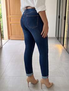 Shaping Skinny Jeans For Women, Elastic Denim Pants With Button Fly, Comfortable Everyday Jeans For Curvy Figures - Dark Wash - View 2