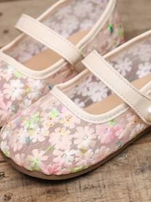 女童花卉刺繡網布瑪麗珍平底鞋，珍珠魔鬼氈束帶防滑軟底公主鞋，3-10歲女童日常婚禮派對鞋 - 彩色 - 查看 7