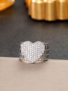 Cincin Manset Terbuka Bertekstur Sarang Lebah, Cincin Pernyataan Lebar Bertabur Berlian Imitasi Bentuk Hati yang Dapat Diatur, Perhiasan Fashion Hadiah untuk Wanita - cincin berbentuk hati - View 8