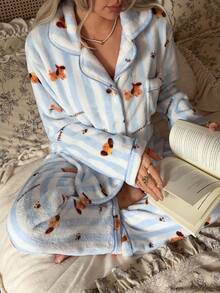 2pcs/Set Women's Winter Striped Puppy Pattern Plush Thick Thermal Lined Lapel Cardigan Long Sleeve And Long Pants Pajama Set - Blue and White - View 4