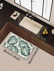 1pc Monstera Leaf Print Kitchen Mat, Fabric Surface With Absorbent Sponge And Non-Slip Rubber Bottom, 3.5mm, Relieves Fatigue From Long Standing, Suitable For Kitchen, Bathroom, Entryway, Laundry Room - View 6