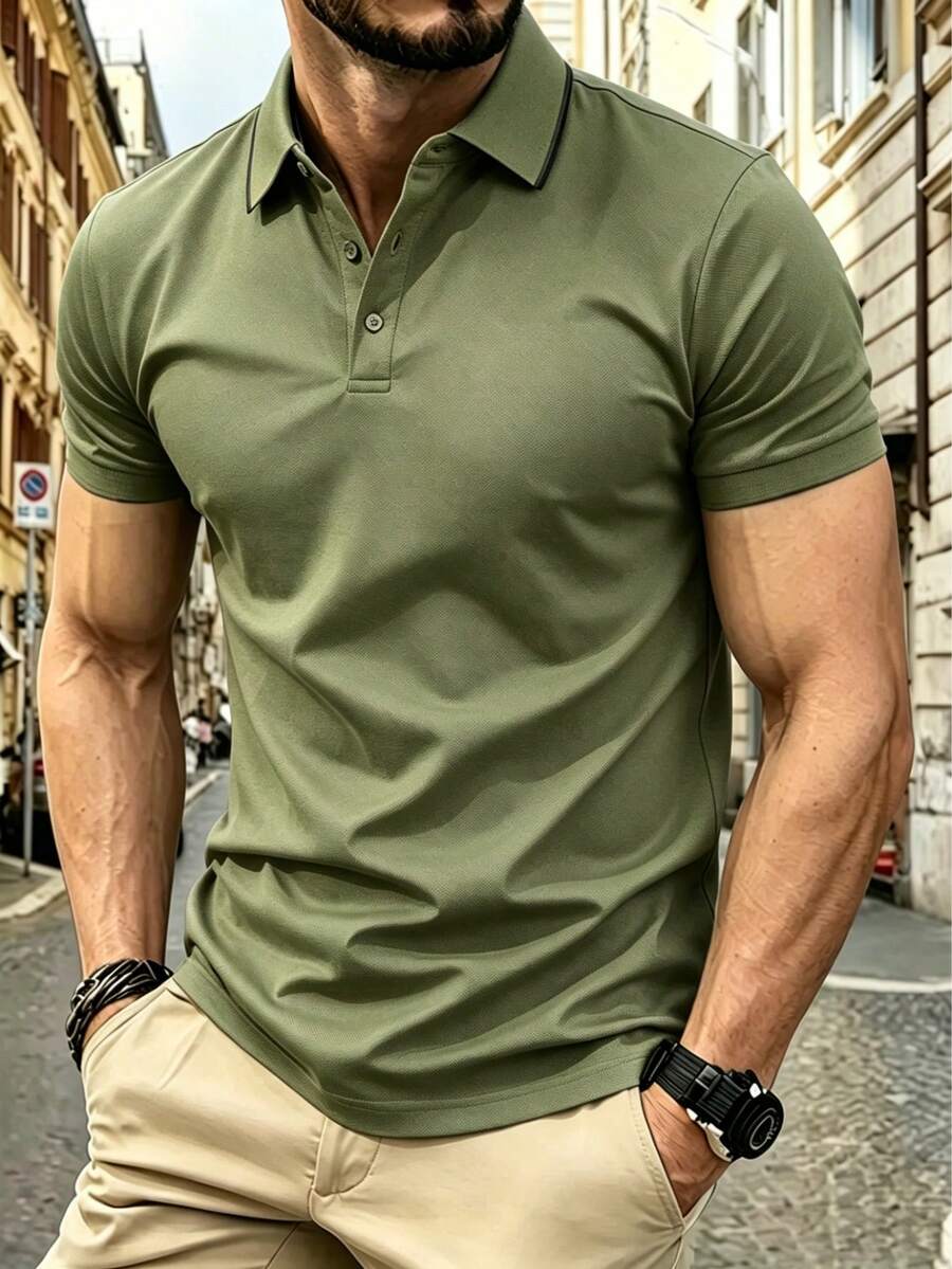 男士短袖修身 Polo 衫，透氣珠地布料，翻領附鈕扣門襟，休閒日常健身運動戶外商務 T 恤 - 薄荷綠 - 查看 1