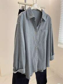 Plus Size Women's Autumn/Winter Brushed Plaid Long Sleeve Shirt - Blue - View 2
