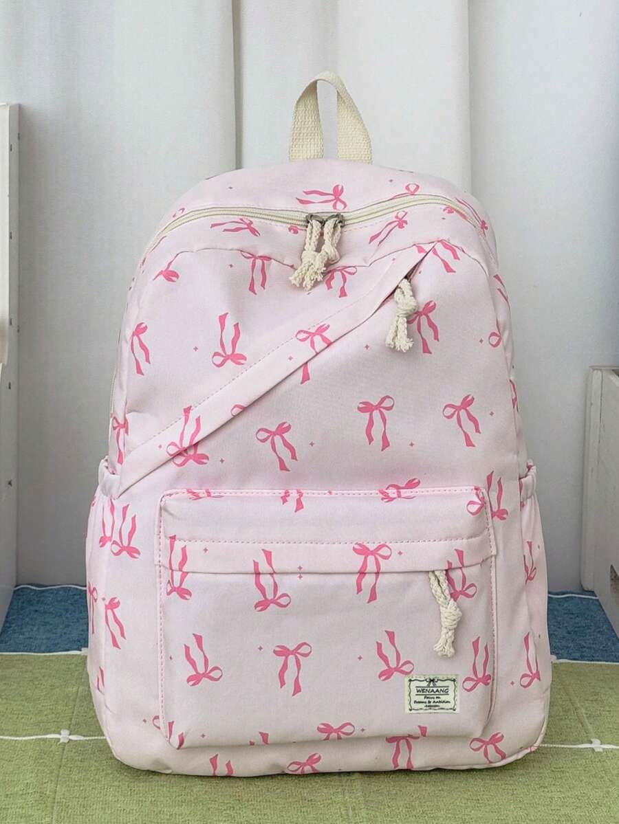 1件大容量尼龍學生背包,極簡蝴蝶結印花大學生背包,青少年女孩尼龍背包,青少年女孩旅行背包 - 粉色 - 查看 1