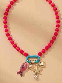 1pc Layered Beaded Pendant Necklace, Summer Beach Style Design With Colorful Fish And Starfish Pendants, Bohemian Style Accessory Suitable For Vacation And Beach Party Wear - Multicolor 9 - View 3