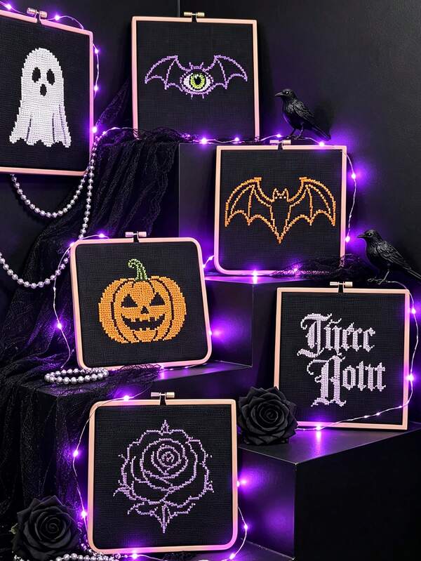 Vải thêu chữ thập đen cắt sẵn 11CT 30*30cm, tranh tường DIY Halloween phong cách Gothic, trang trí nhà phong cách tối, quà tặng thủ công cho người đam mê thủ công và sáng tạo