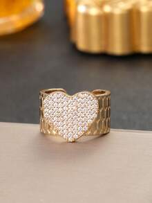 Cincin Manset Terbuka Bertekstur Sarang Lebah, Cincin Pernyataan Lebar Bertabur Berlian Imitasi Bentuk Hati yang Dapat Diatur, Perhiasan Fashion Hadiah untuk Wanita - cincin berbentuk hati - View 6