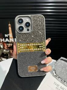 1pc Black Rhinestone + Seed Bead Solid Color Anti-Drop Spray Painted Phone Case Suitable For 17promax/18pro - Grey - View 6