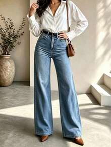Women's Blue Denim Wide Leg Pants, Button Detail Design, Loose Long Fit, Casual Bohemian Style, Suitable For Spring Wear, Medium Stretch Fabric - Medium Wash - View 5