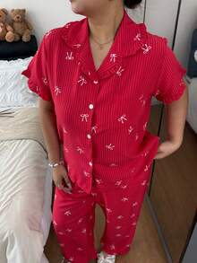 Women's Cute & Stylish Printed Soft Pajama Set, Short Sleeve Button Collar Cropped Top & Long Pants, Soft Skin-Friendly Loungewear, Loose Slimming Fit, Machine Washable & Easy Care, Simple Versatile Style For Home & Casual Wear, Suitable For Daily Outings - Multicolor - View 4