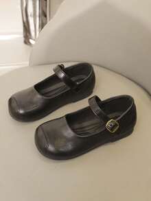 1雙簡約圓頭幼兒平底鞋，防滑鞋底女童休閒樂福鞋 - 黑色 - 查看 4
