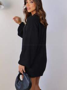 Women's Knitted Cardigan With Puff Sleeves, Elegant, Casual, Black - 黑色 - 查看 2