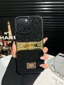 1pc Black Rhinestone + Seed Bead Solid Color Rhinestone Anti-Drop Spray Painted Phone Case Compatible With 17promax/18pro - Black - View 6