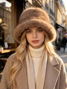 1 Peça Chapéu de Balde de Fleece Grosso Feminino, Chapéu Feminino Engrossado da Moda, Chapéu de Inverno Quente, Pode Ser Combinado com Casaco de Lã, Conjunto de Roupas de Inverno - Multicolorido - Visão 6