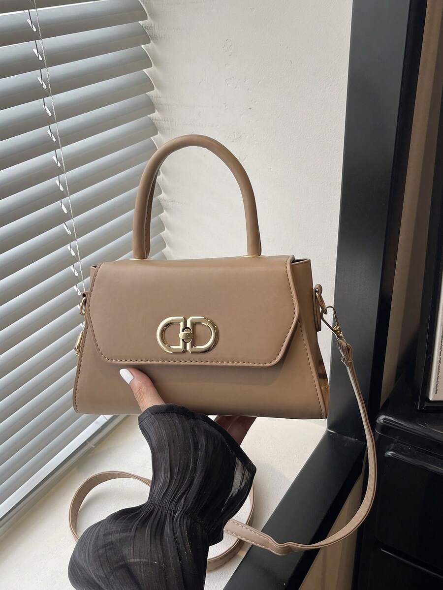 Solid Color Pleated Edge Handbag With Flap Twist Lock, Crossbody Shoulder Bag For Women - Khaki - View 1