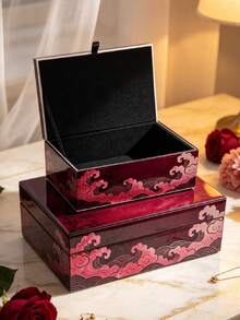 2件組大容量中式印花玻璃珠寶盒，黑色天鵝絨內襯長方形復古裝飾配件收納盒，適用臥室梳妝台，婚禮節日禮物 - Royal Crimson Wave - 查看 2