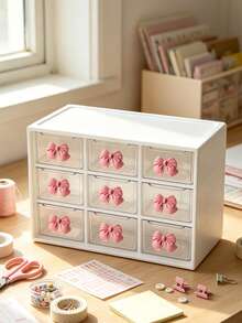Drawer-Style Mini Cosmetic Storage Box With Bowknot Design, Transparent Plastic Stackable Storage Box, 9-Compartment Organizer With Multiple Dividers, Smooth Surface Easy To Clean, Dust-Proof Design, Large Internal Capacity, Suitable For Desktop, Office, Bedroom, Dorm, Living Room, Perfect For Back To School, Teacher's Day, Birthday, Holiday Gifts - Multicolor - View 4