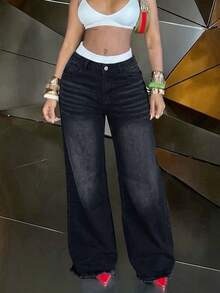 Celana Jeans Denim Wanita Gaya Street Retro Musim Gugur/Dingin dengan Ujung Berumbai dan Potongan Lebar - Hitam - View 3