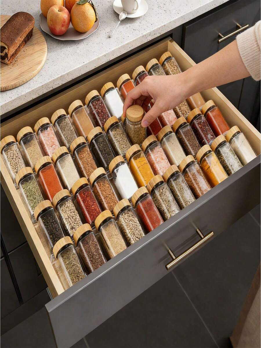 1/2/4/6/8pcs Expandable Spice Rack Organizer, Kitchen Storage Rack, Adjustable Tiered Spice Storage Rack, Slanted Non-Slip Spice Bottle Rack, Detachable Drawer-Style Spice Organizer, Stainless Steel Kitchen Cabinet Storage Organizer, Suitable For Countertop, Drawer Storage And Home Cooking
