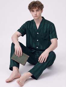 2pcs/Set Men's Pajamas Summer Short Sleeve Long Pants Satin Green Striped Casual Comfortable Spring Autumn Sleepwear Fashionable Homewear Outfit - Green - View 4